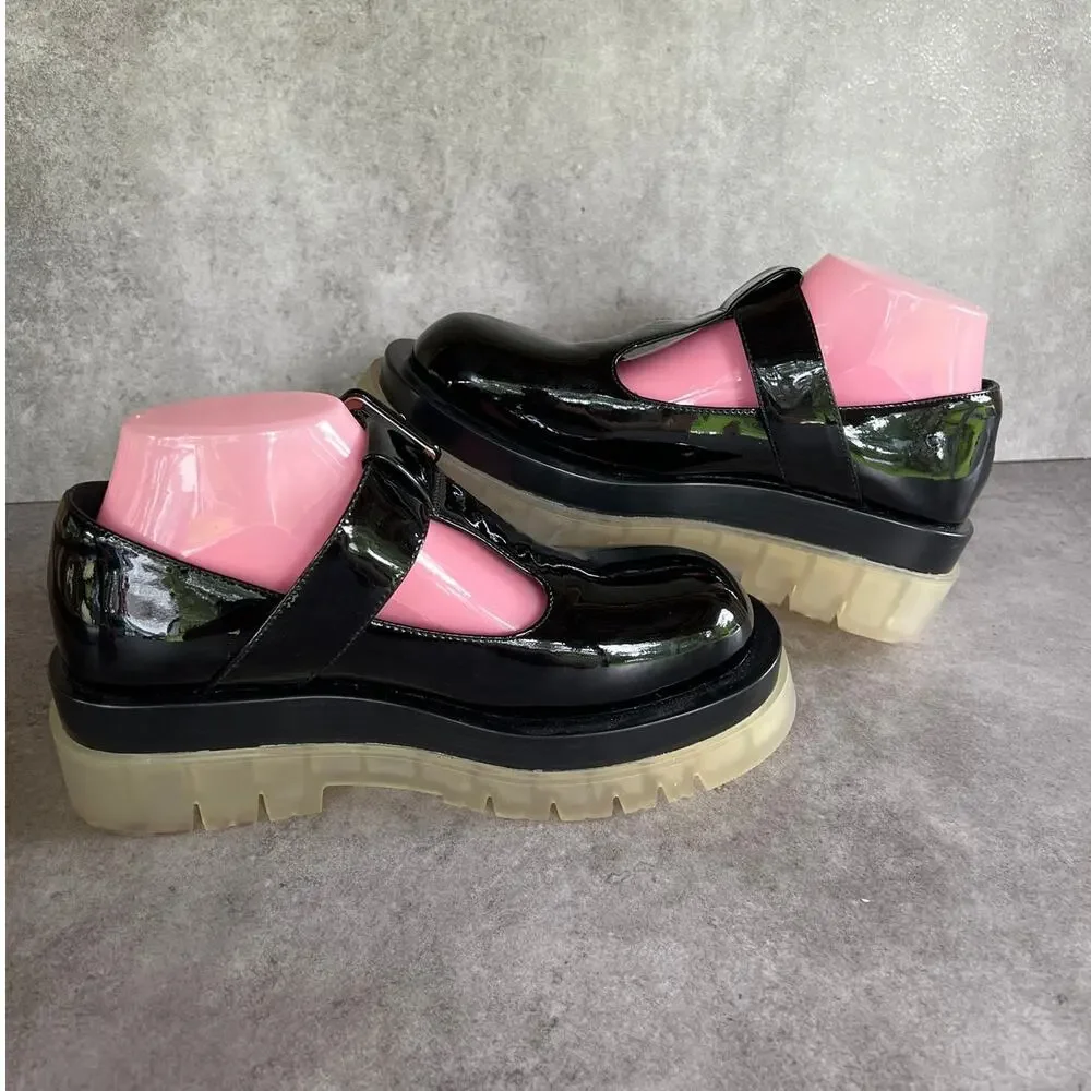 Jeffrey Campbell T-Strap Mary Jane platform shoes patent leather w lug sole Y2K
